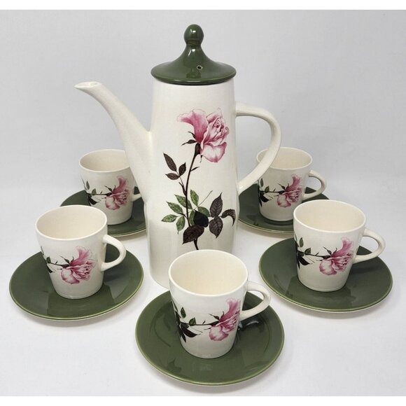 Mid Century Porcelain Coffee Pot & Cups Saucers Green Ivory Roses Palissy UK - Picture 2 of 12
